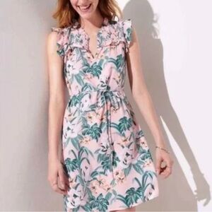 Tropical dress with smocking and tie belt